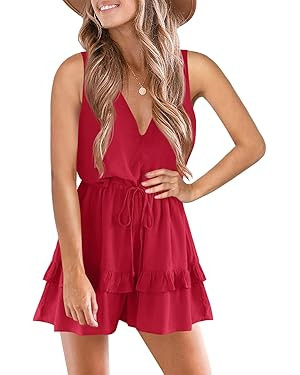 Valphsio Womens V Neck Beach Tank Rompers Flowy Ruffle Layered Shorts Jumpsuit High Waist | Amazon (US)