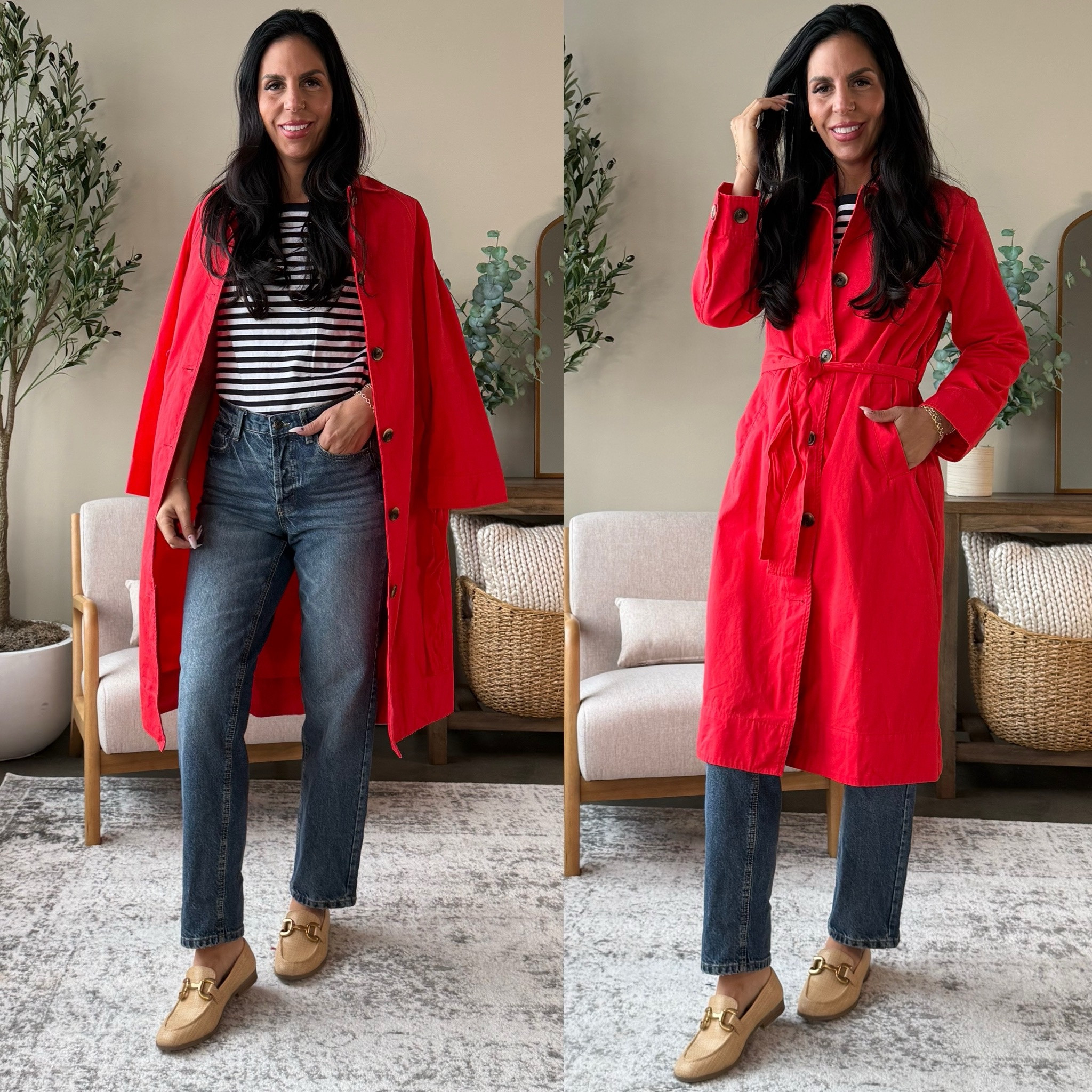 Spring style under $100 
Red tench coat- small 
Striped tee- small 
Denim- size 2 
Loafers are tts

#LTKNYFW #LTKU #LTKFindsUnder100