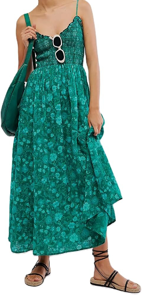 Faretumiya Women Flowy Maxi Dress Y2K Sleeveless Tie Shoulder Long Dress Boho Floral Smocked Shir... | Amazon (US)