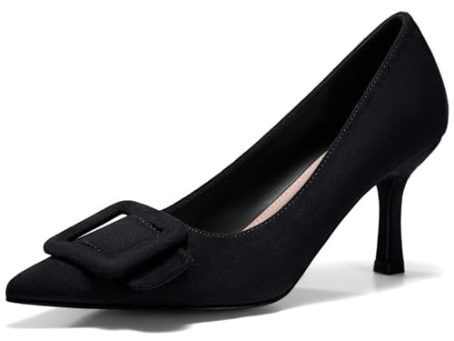 Women's Closed Pointed Toe Pumps Kitten Heel Dress Shoes Slip on Elegant Wedding Pumps with Square Buckle | Amazon (US)