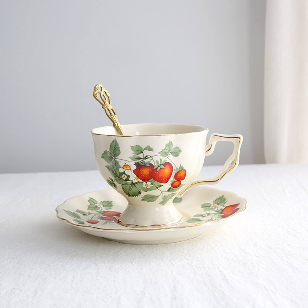 DECRZPB Ceramic Coffee Tea Cup and Saucer Set Red Strawberry Pottery Coffee Mug and Saucer Set, M... | Amazon (US)