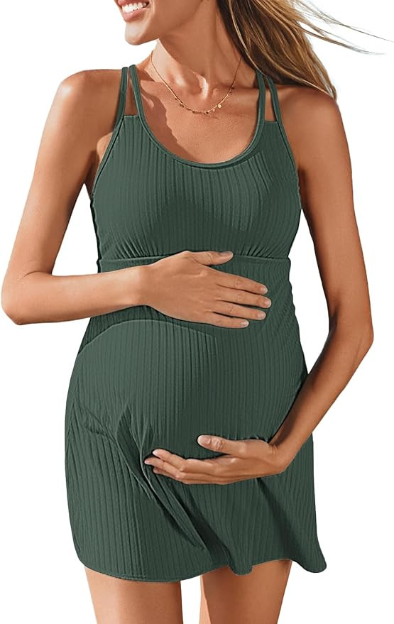 Summer Mae Ribbed Maternity One Piece Swimsuit Dress Wrap Bathing Suit with Built-in Pocket Short... | Amazon (US)