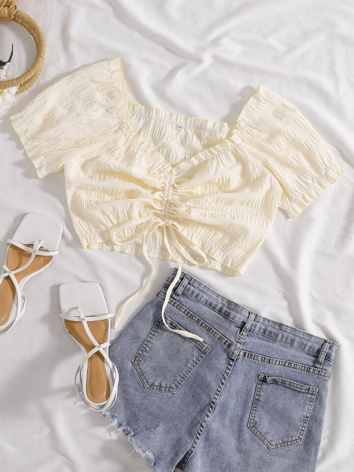 SHEIN WYWH Drawstring Ruched Crop Blouse | SHEIN
