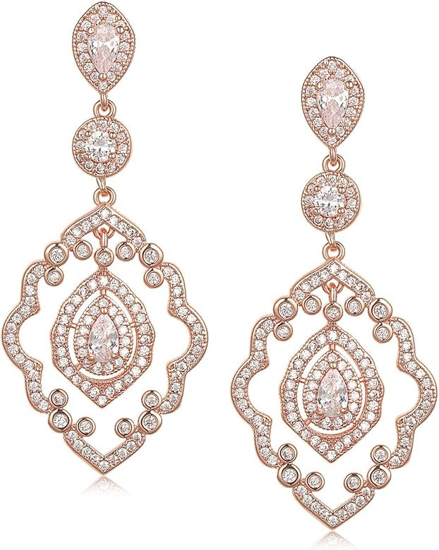 SWEETV Chandelier Wedding Earrings Rose Gold Bridal Earrings for Women Brides-Art Deco Drop Dangle E | Amazon (US)