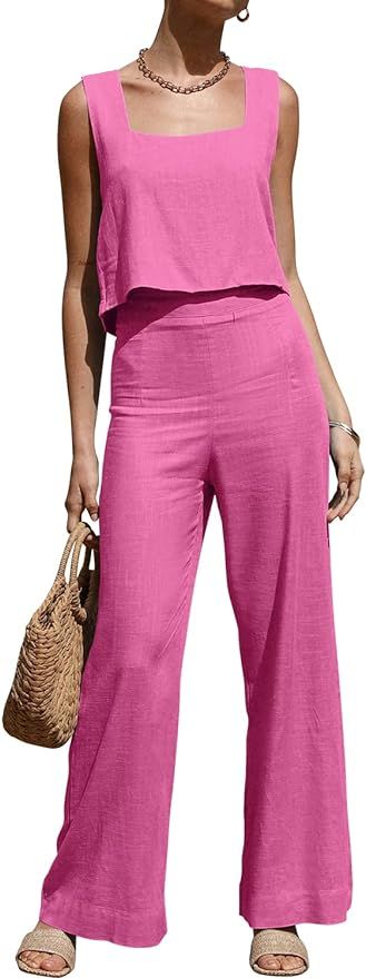 ROYLAMP Women's Summer 2 Piece Outfits Sleeveless Square Neck Tops Wide Leg Pants set Jumpsuit wi... | Amazon (US)
