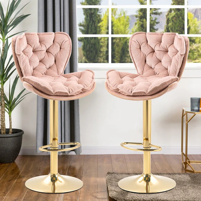 Velvet Swivel Adjustable Height Bar Stool Set Of 2 Black | Wayfair North America