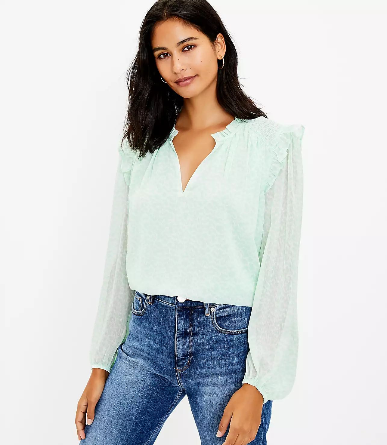 Geo Smocked Shoulder Blouse | LOFT