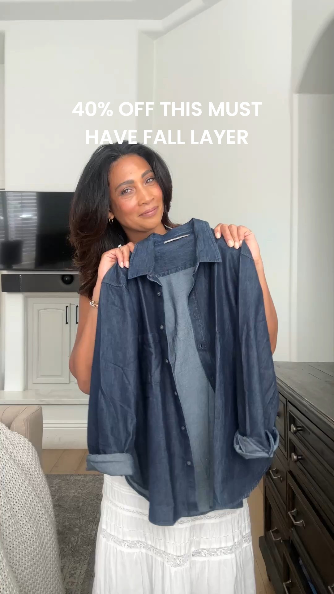 40% OFF this fall layer!!! This versatile denim shirt is perfect to transition into fall outfits!!! Wear now with skirt and shorts open layered over tanks and tees. Super soft and stretchy enough to tuck in as well for a denim on denim moment!! Fits true to size.

#LTKOver40 #LTKFindsUnder100 #LTKStyleTip