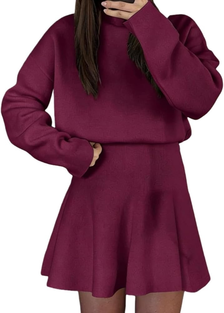 A Line Mini Dresses Long Sleeve Crew Neck Short Tops for Women Casual High Waist Skirt T Shirt Dr... | Amazon (US)