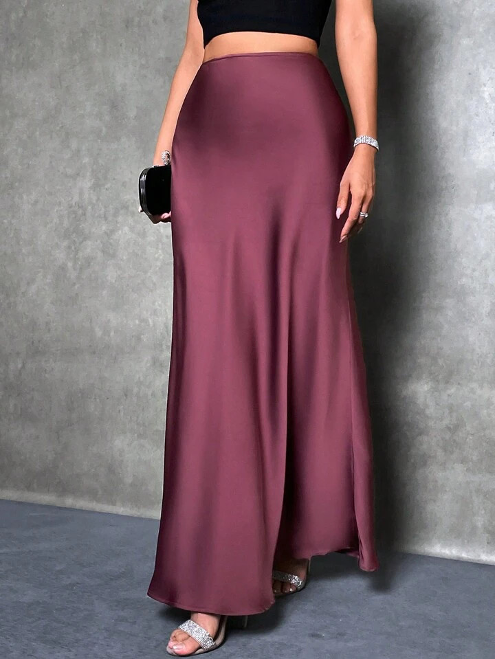 Glamine High Waist Solid Maxi Satin Skirt Burgundy Color Women Outfit | SHEIN