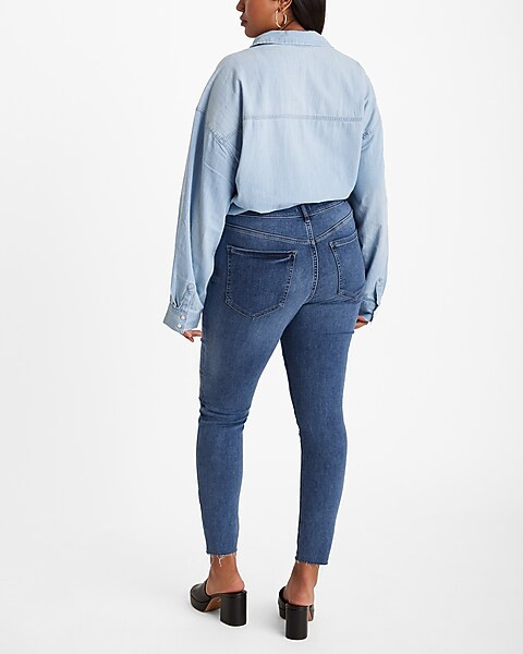 High Waisted Medium Wash Raw Hem Skinny Jeans | Express