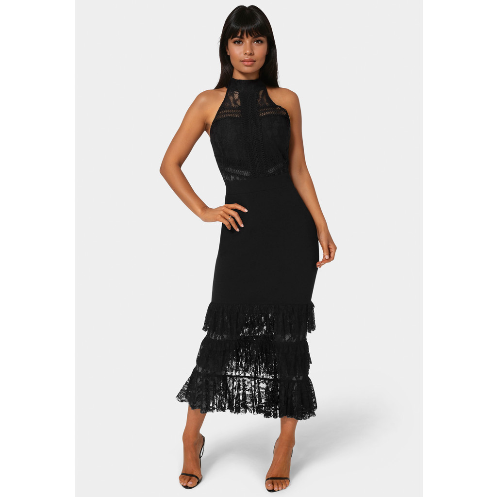bebe Halter Tiered Lace Midi Dress in Black at Nordstrom, Size X-Large | Nordstrom