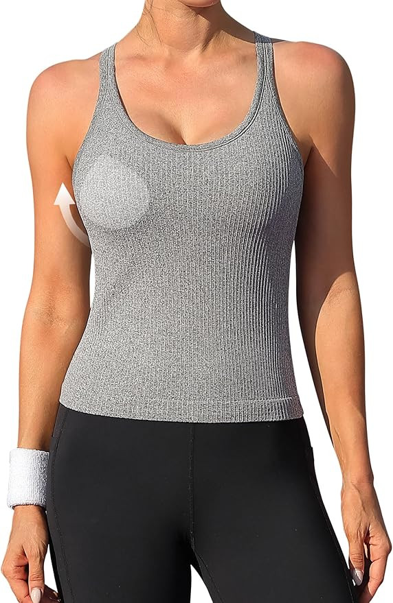 ATTRACO Women Ribbed Workout Crop Tops with Built in Bra Yoga Racerback Tank Top Tight Fit | Amazon (US)
