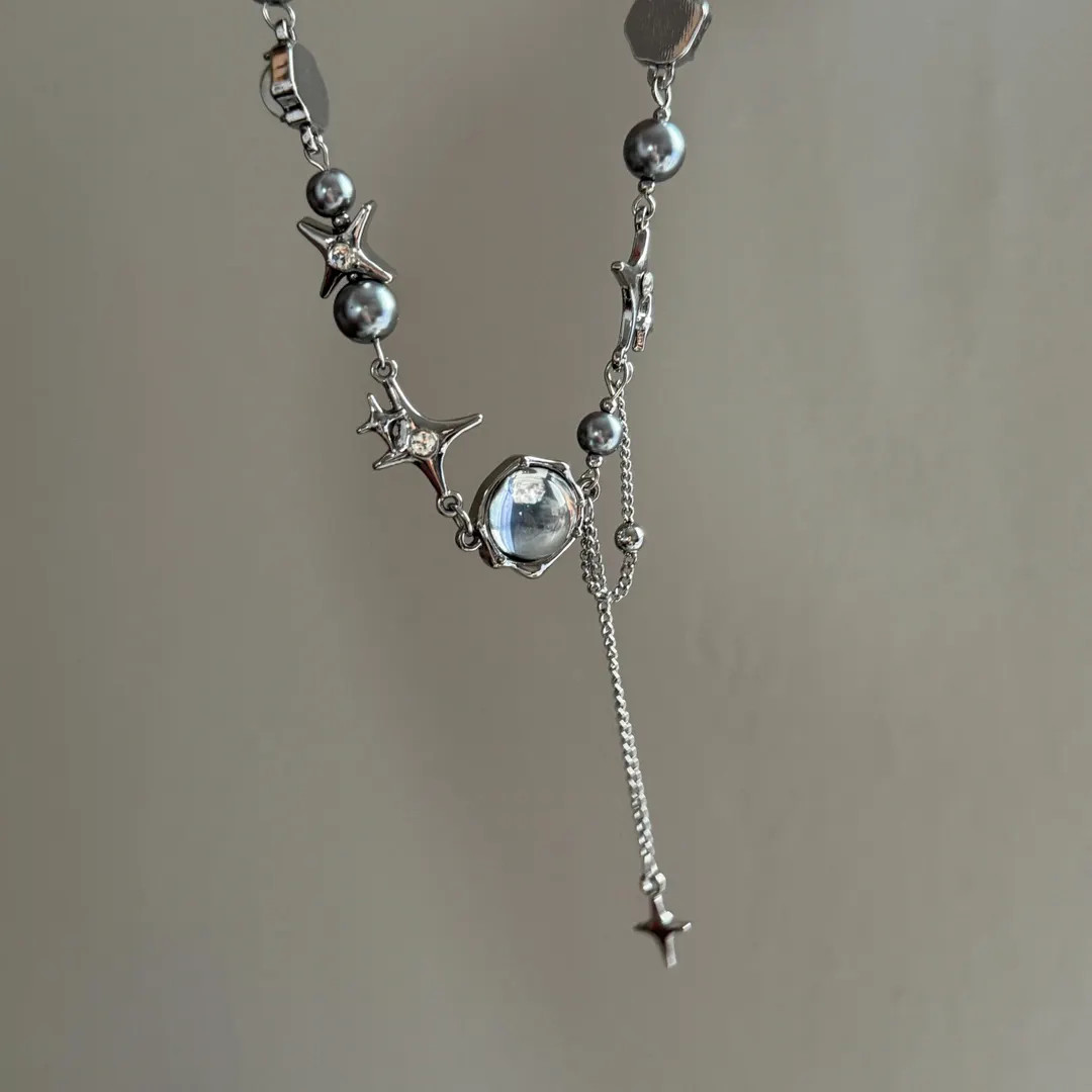Silver Grey Pearl Moonstone Stainless Steel Y2K Star Necklace, Cute Chunky Dangle Star Necklace -... | Etsy (US)
