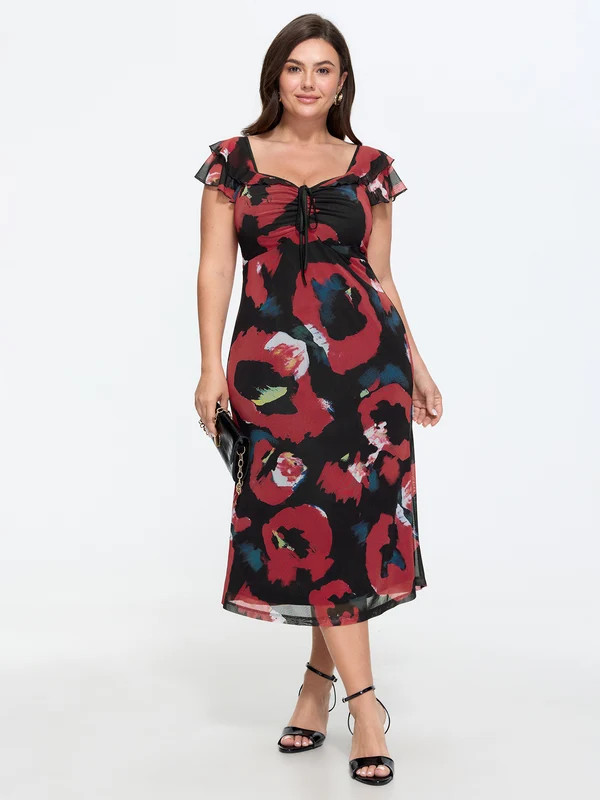 Abstract Print Mesh Ruffle Sleeves Midi Dress | Bloomchic
