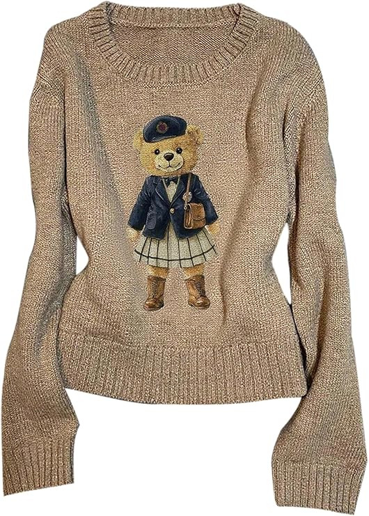 BEAUDRM Women's Teddy Bear Sweater Cute Graphic Lightweight Sweater Crew Neck Long Sleeve Pullove... | Amazon (US)