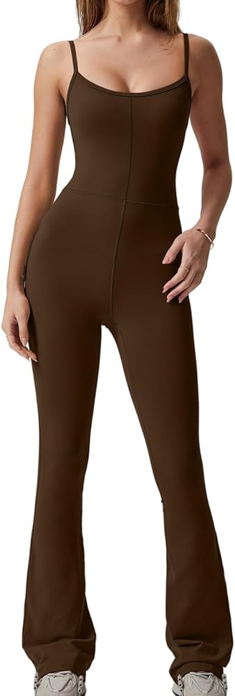 QINSEN Flare Jumpsuits for Women Spaghetti Straps Scoop Neck Bodycon Full Length Casual Unitard P... | Amazon (US)