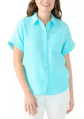 Kim Rogers Women's Petite Short Sleeve Gauze Camp Shirt, PS | Belk