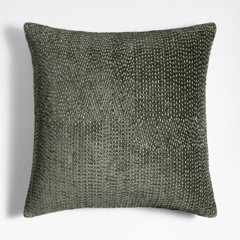 Sashiko Organic Cotton Velvet 20"x20" Burnt Green Throw Pillow with Feather Insert + Reviews | Cr... | Crate & Barrel