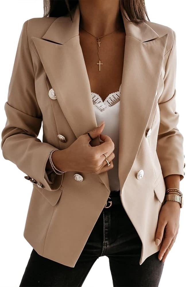 Langwyqu Womens Open Front Blazers Double Breasted Long Sleeve Office Work Jackets with Pockets | Amazon (US)