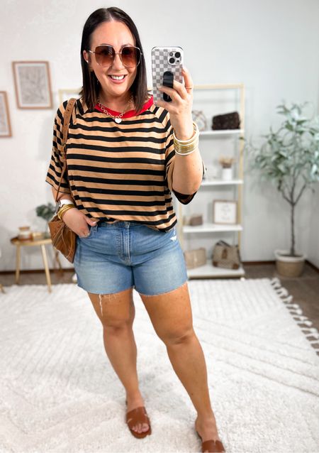 I love this striped tee from Amazon!  So soft and flowy!  Comes in other colors too!
XL in mine. 
Size 16 shorts. 
Sandals run tts  

#LTKMidsize #LTKFindsUnder50 #LTKSeasonal