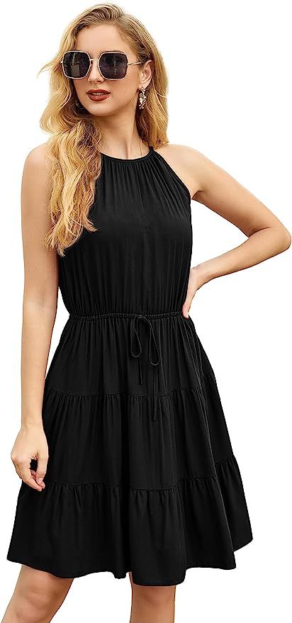 GRECERELLE Summer Dress for Women Sleeveless Halter Ruffle Casual Women Dress | Amazon (US)