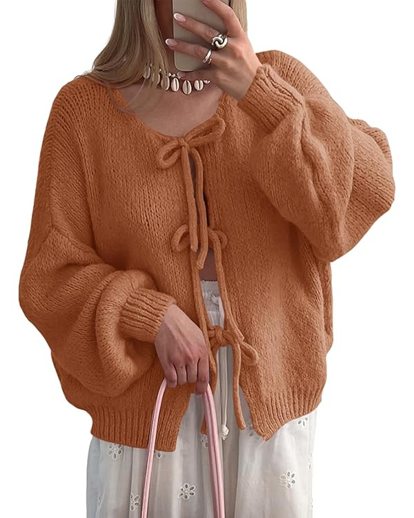 Saodimallsu Womens Tie Front Cardigan Sweaters Cute Bow Puff Long Sleeve 2025 Fall Loose Ribbed K... | Amazon (US)