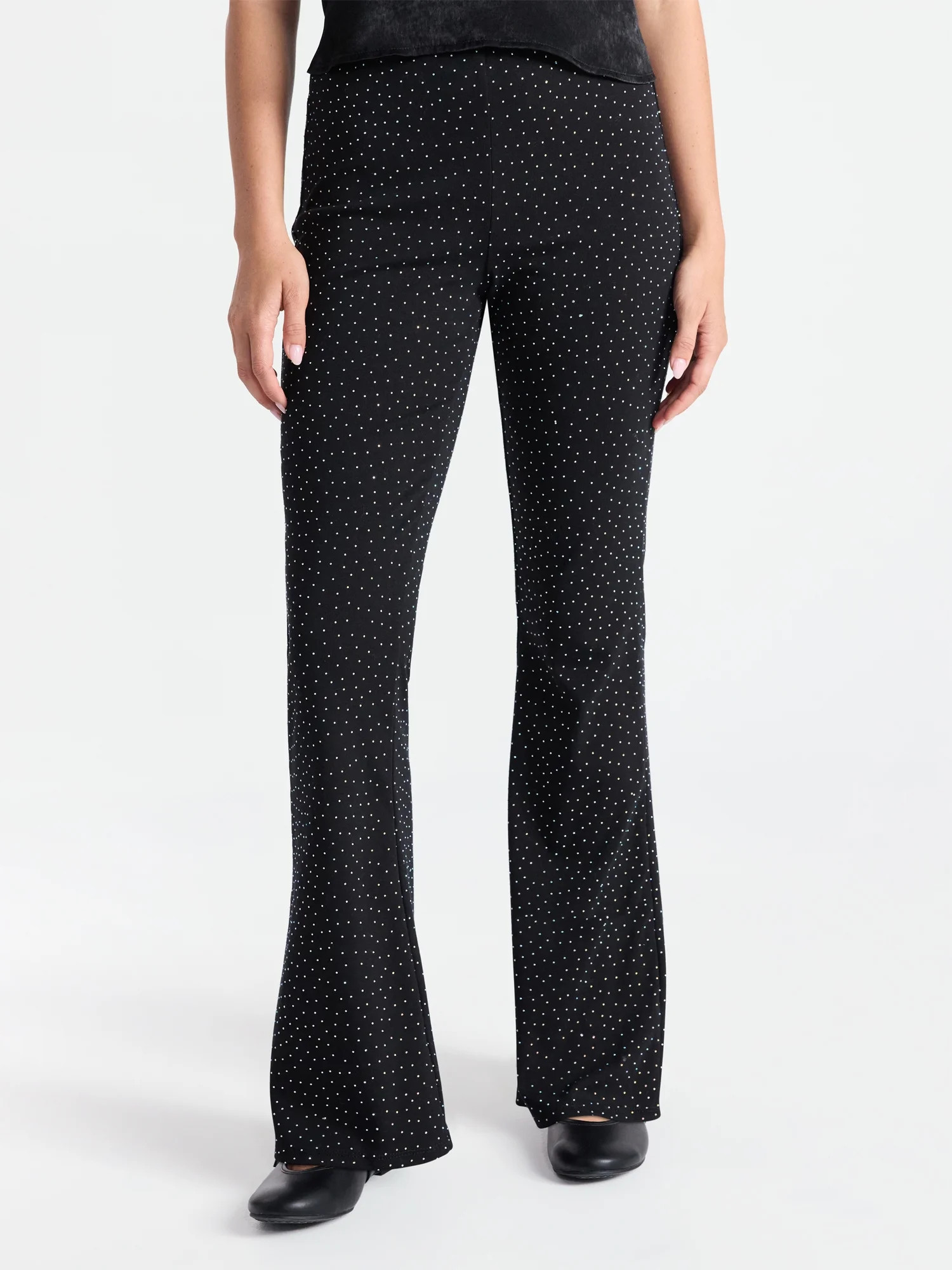 No Boundaries Faux Rhinestone Studded Ribbed Flare Pants, 31'' Inseam, Women's | Walmart (US)