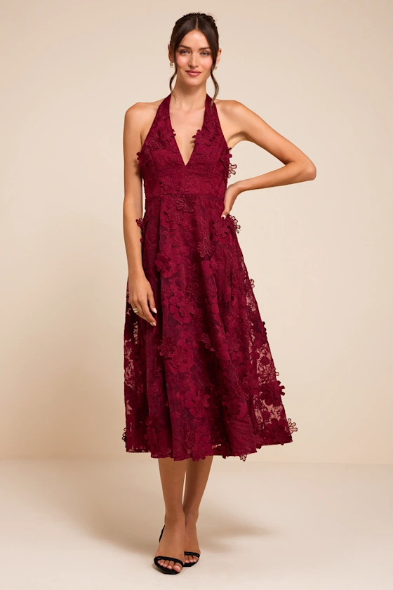 Kennia Burgundy 3D Floral Embroidered Halter Midi Dress | Lulus
