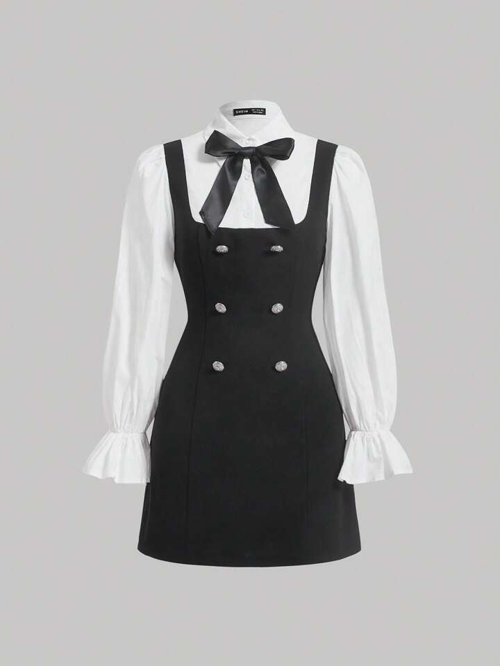 SHEIN MOD Bow Front Flounce Sleeve 2 In 1 Dress | SHEIN