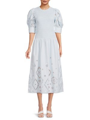 Ganni Broderie Anglaise Smocked Midi Dress on SALE | Saks OFF 5TH | Saks Fifth Avenue OFF 5TH