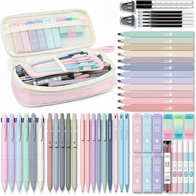 Four Candies 56 PCS Aesthetic School Supplies with Cute Pencil Case, 6 Multicolor Pen, 12 Pastel ... | Amazon (US)
