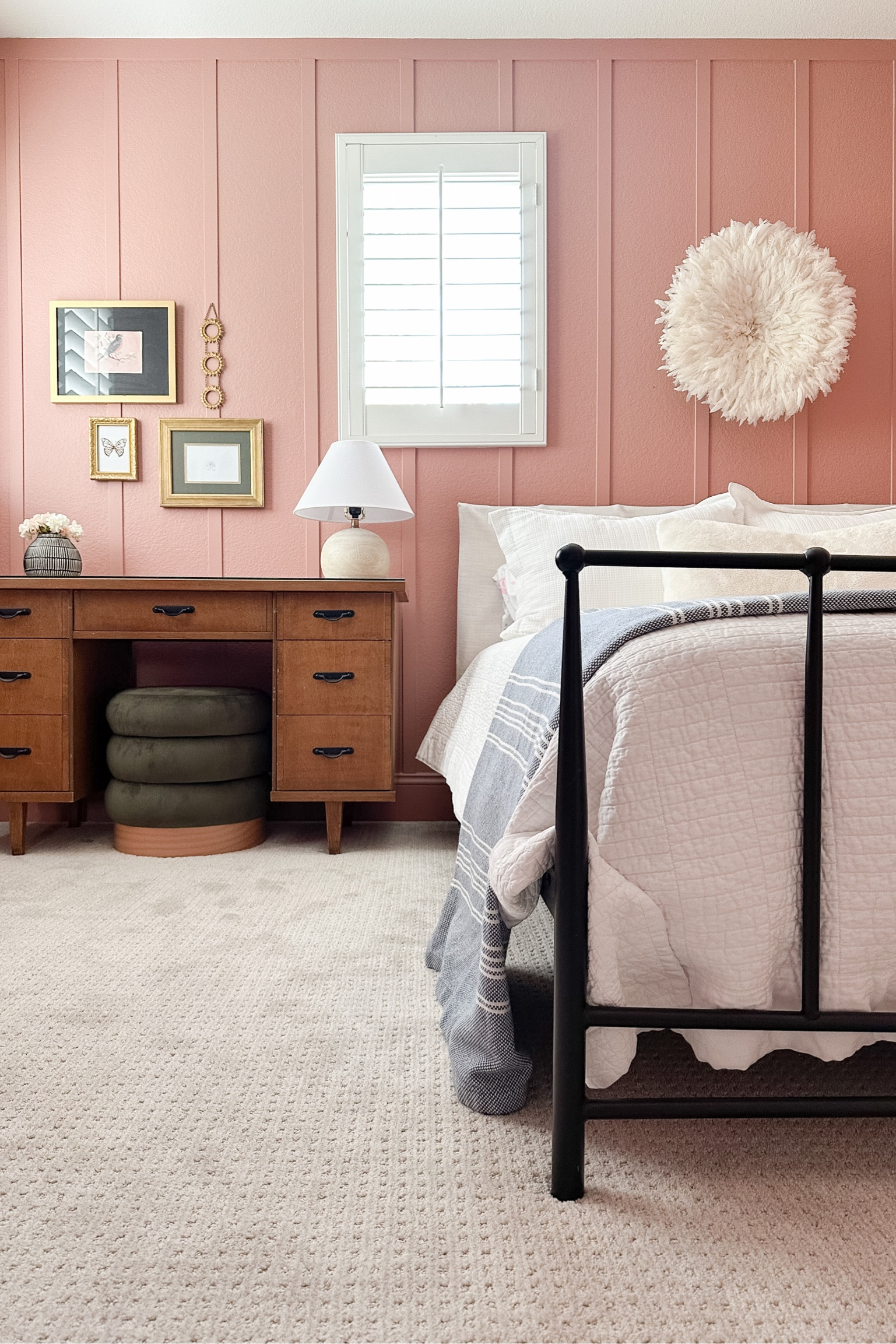 Girls bedroom, juju hat, black bed, white bedding, velvet tufted ottoman, brass frames, small desk lamp.

#LTKsalealert #LTKhome #LTKkids
