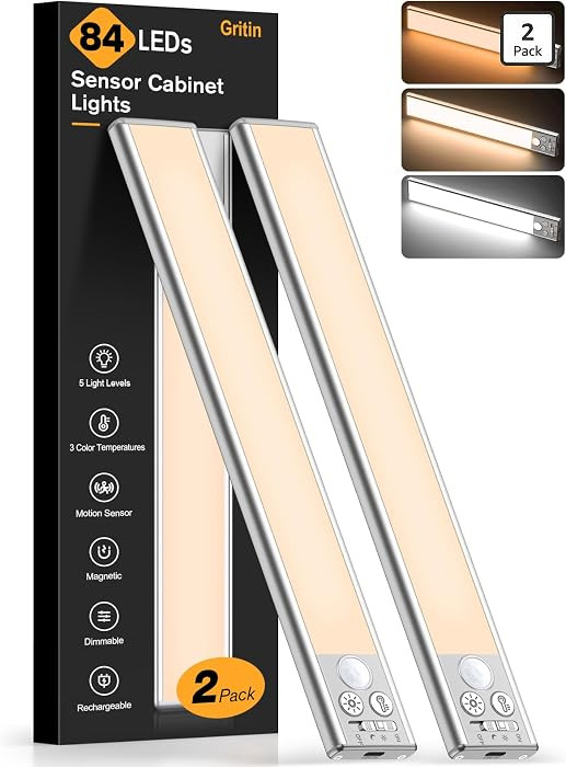 Gritin 10.2inch Under Cabinet Lighting Rechargeable 2 Pack- 3 Color Temps&5 Level Brightness, Super Bright, 4 Modes, Motion Sensor, Long Lasting - Easy Installation Magnetic Under Closet Lights | Amazon (US)