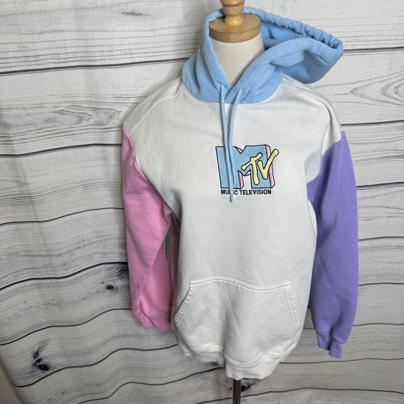 MTV Light Blue Relaxed Fit Hoodie, color block design | Poshmark