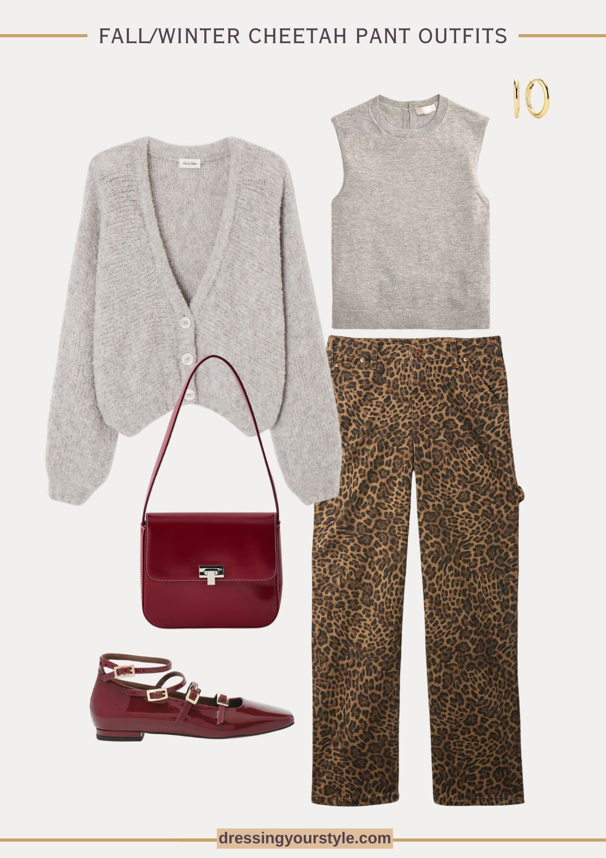 Leopard pants outfit with cozy grey cardigan and burgundy accessories 

#LTKOver40 #LTKSeasonal