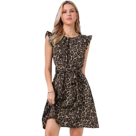 DARING DIVA Women s Leopard Ruffled Sleeve Flowy Belted A-Line Round Neck Dress XS Brown | Walmart (US)