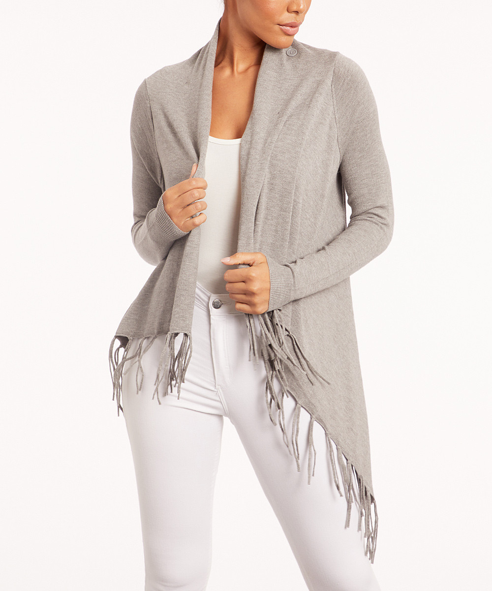 Peace & Pearls Women's Cardigans HEATHER - Heather Light Gray Fringe Cardigan - Women | Zulily