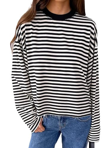 Striped Long Sleeve Shirt Women Oversized Sweatshirt Baggy Tee Shirts Crewneck Pullover Y2K Tops | Amazon (US)