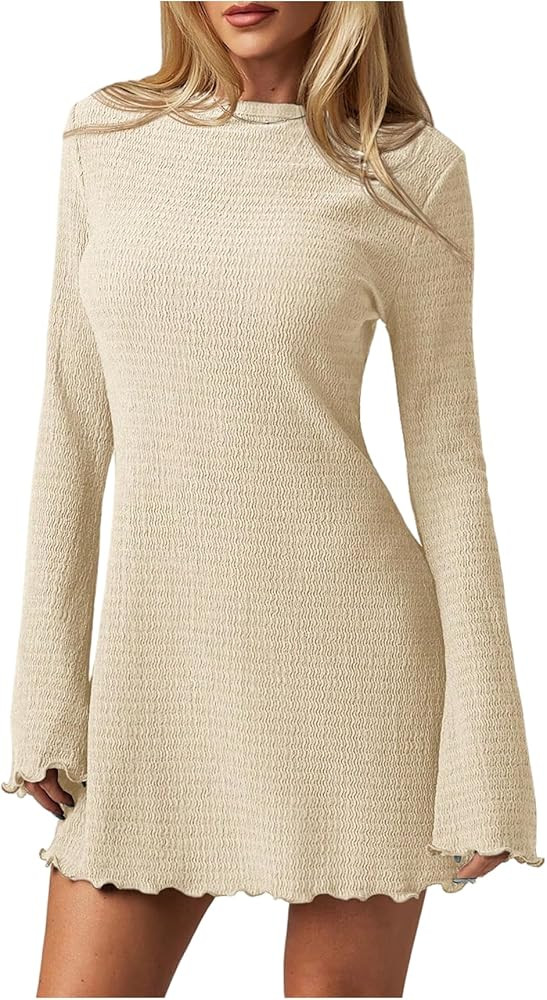 Feature: Lettuce trim, round neck, flare sleeves, long sleeve, mini length, casual dresses for wo... | Amazon (US)