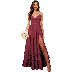 Amazon.com: vintys Women's V Neck Bridesmaid Dresses with Ruffle Long Corset Chiffon Wedding Gues... | Amazon (US)