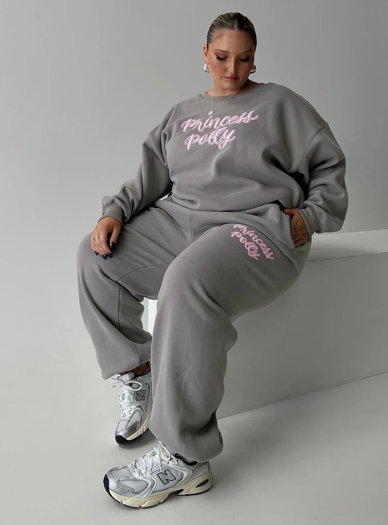 Princess Polly Track Pants Puff Text Charcoal Curve | Princess Polly US