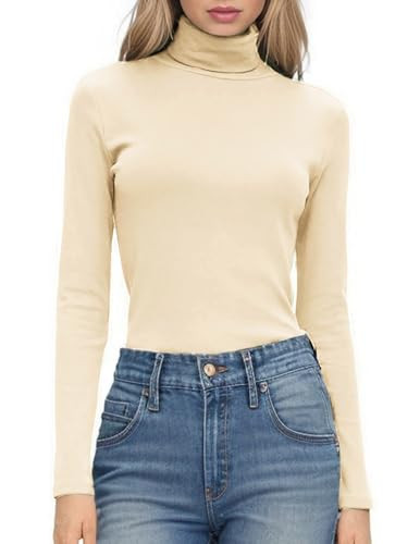 HOTOUCH Women's Turtleneck Long Sleeve Basic Thermal Top Lightweight Slim Shirt Fitted Tee Shirts Creamy Yellow M | Amazon (US)
