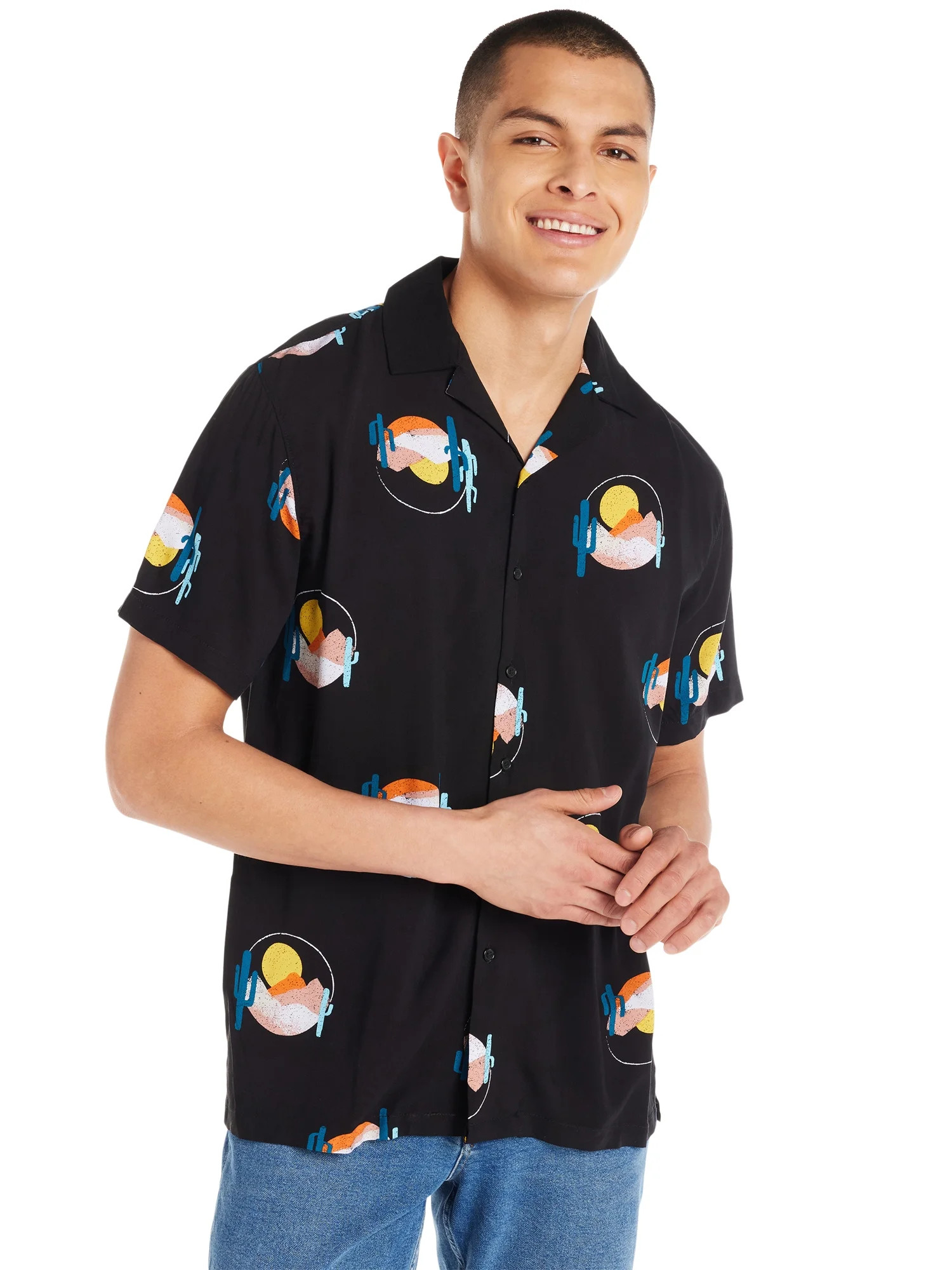 No Boundaries Men's Print Button Up Shirt with Short Sleeves, Sizes XS-3XL | Walmart (US)