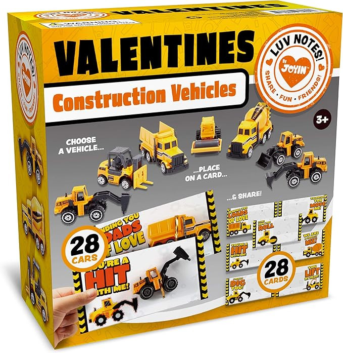 JOYIN 28 Pack Valentines Party Gift Cards with Mini Construction Vehicle Toy Set for Kids Valenti... | Amazon (US)