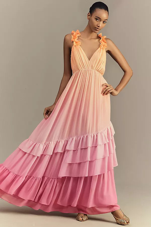 BHLDN Alivia V-Neck Ruffle Ombre Maxi Dress | Anthropologie (US)