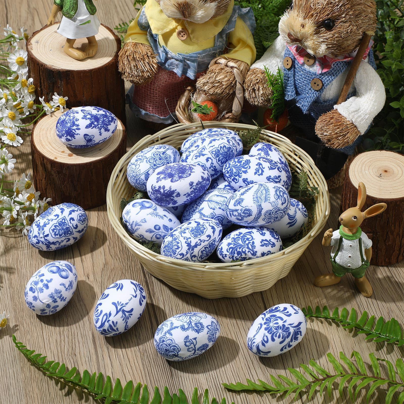 Suzile 24 Pcs Easter Eggs Blue and White Chinoiserie Spring Bowl Filler Decor Fabric Wrapped Foam... | Amazon (US)