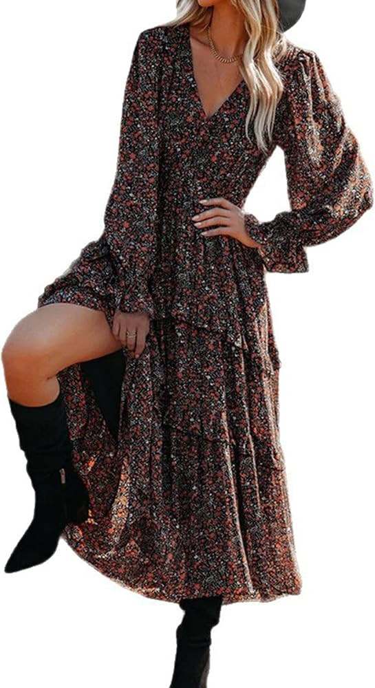 Geometric Print Maxi Dresses for Women, V-Neck Puff Sleeve Smocked Beach Flowy Casual Long Dress | Amazon (US)
