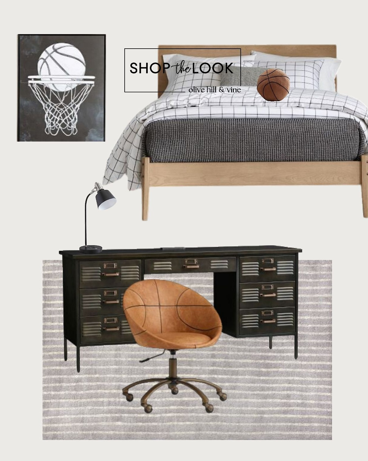Courtside cool. A statement hoop print, industrial metal locker desk, and sporty desk chair set the scene, while layered textures and classic finishes keep it timeless.  

 

#LTKHome #LTKKids #LTKFamily
