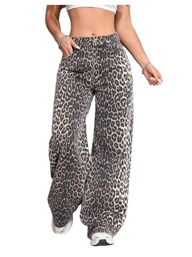 Floerns Women's Y2k Cheetah Print Wide Leg Jeans High Waisted Baggy Casual Denim Pants Brown and Black Large | Amazon (US)